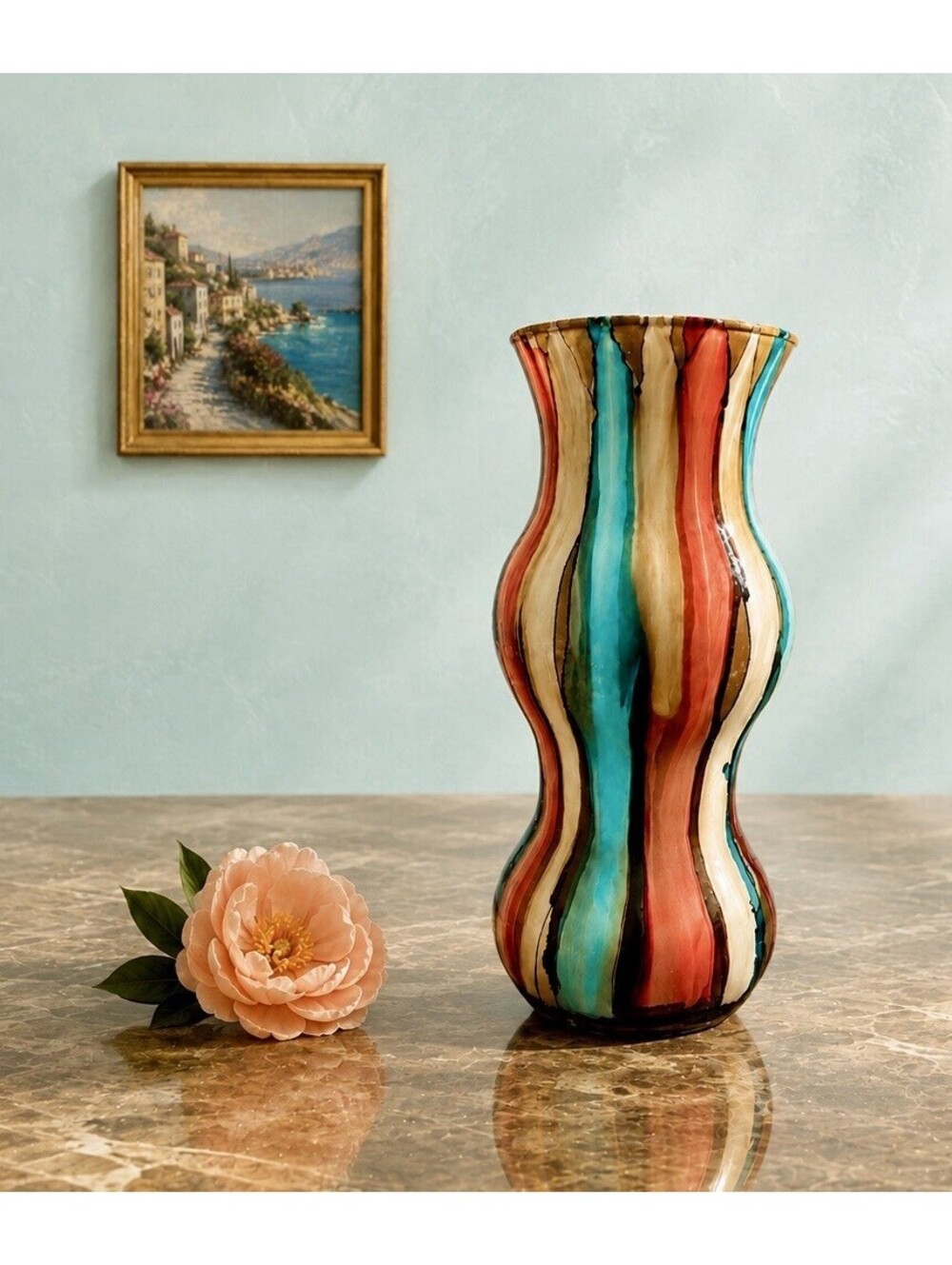 Italian 1960s Vase Siria Murano Style Multicolor Striped Art Glass, 5x12"